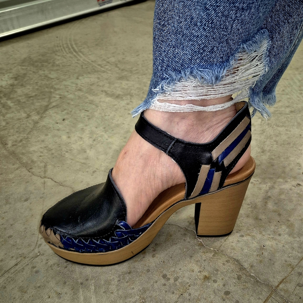 Black Leather Platform Sandal with Blue Trim and Wood-Look Heel